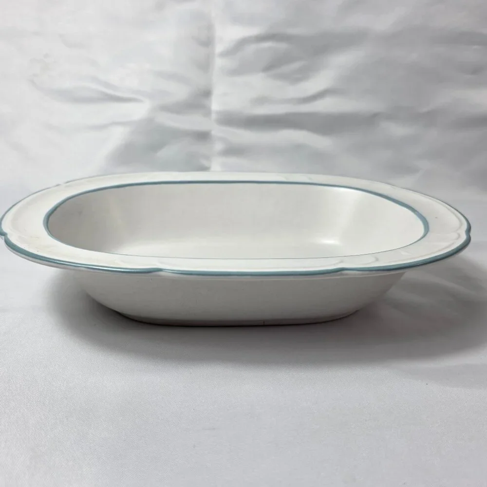 Country Ware Ashberry 10 Inch Oval Serving Bowl White with Blue Scalloped Edge